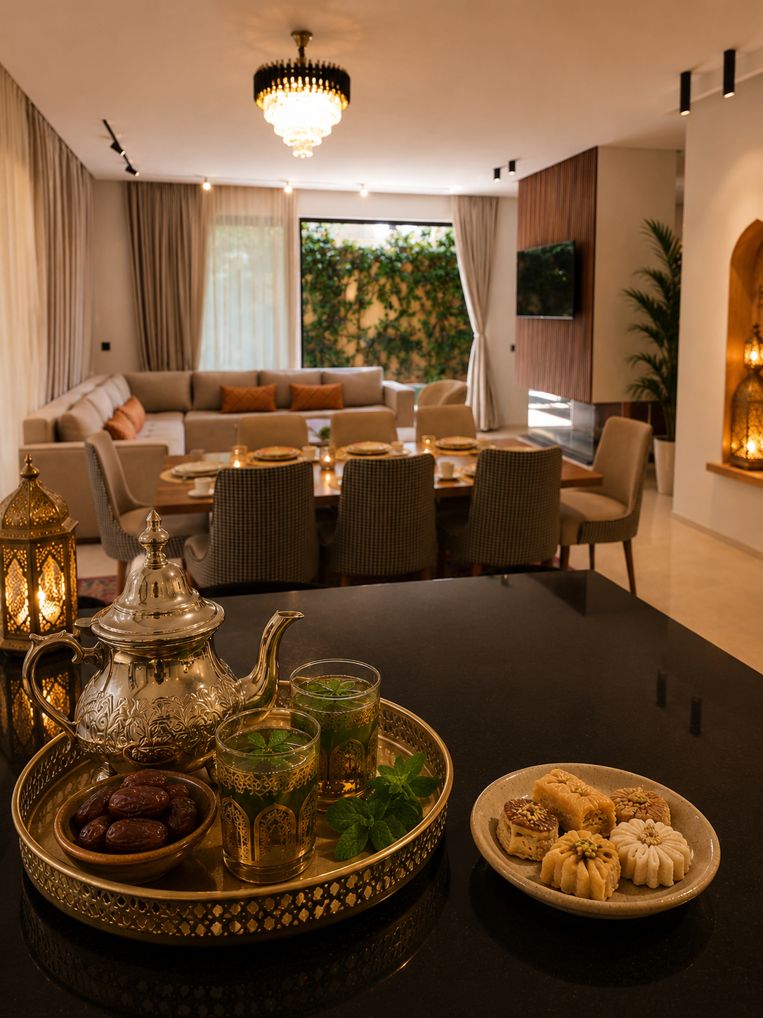 Détails d'accueil marocain dattes thé à la menthe